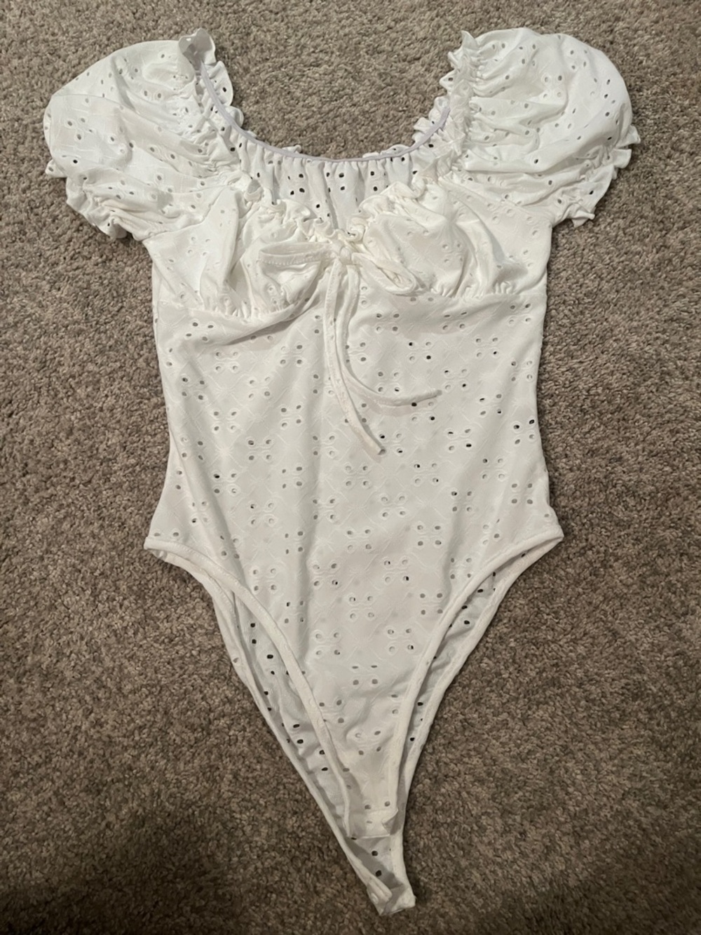 White Eyelet Puff-Sleeve One-Piece Bodysuit